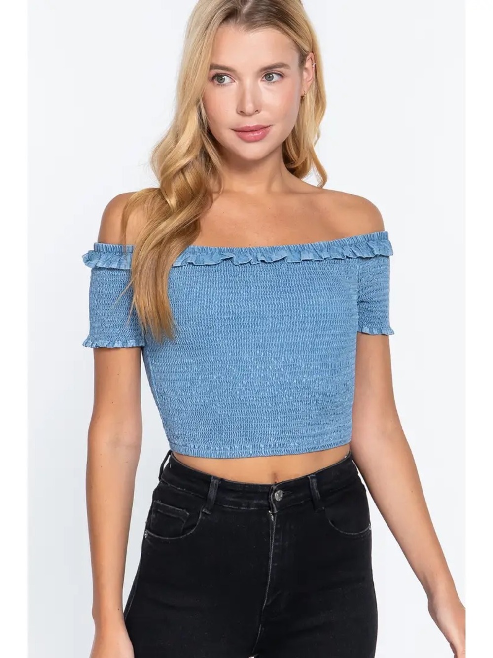 Active USA Light Blue Off-Shoulder Smocked Crop Top